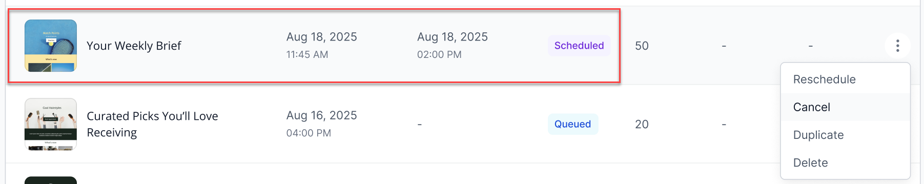 Campaign is in scheduled status with available actions