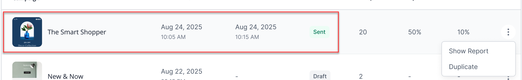 Campaign is in sent status with available actions