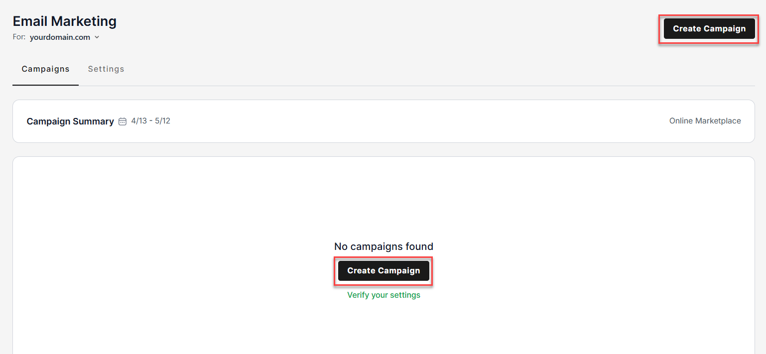 Email Marketing app overview, create campaign buttons