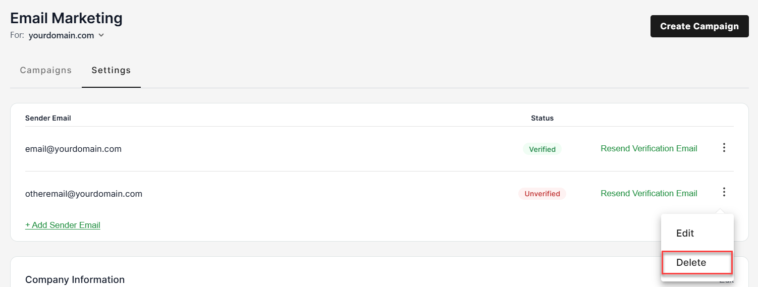 Email Marketing Settings, click Delete option