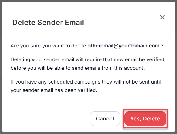 Delete sender email pop-up window, click Yes, Delete button