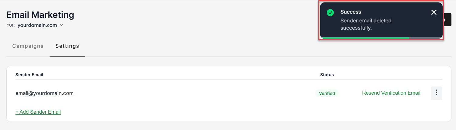 Delete Sender Email - Success delete sender notification