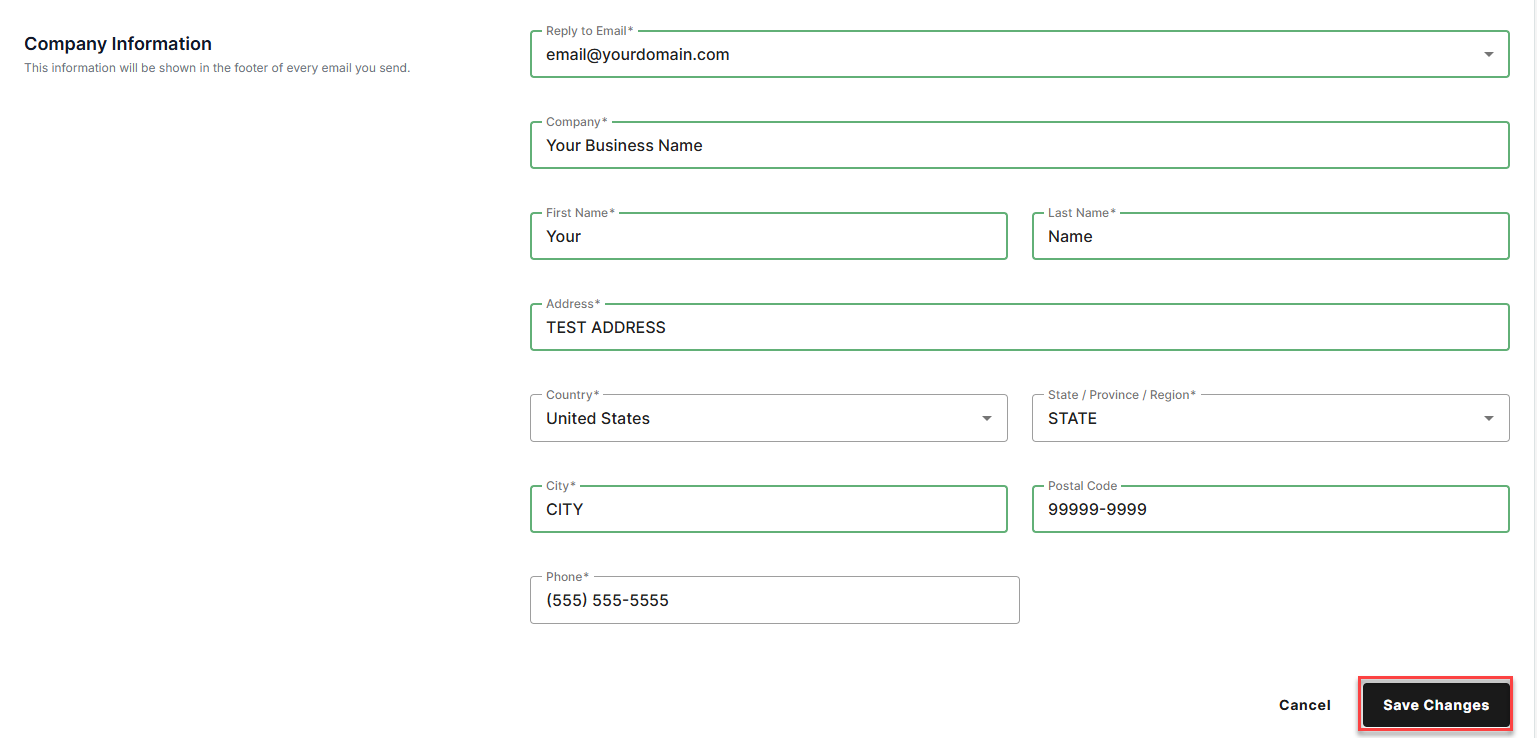 Edit Company Information, clicking Save Changes button