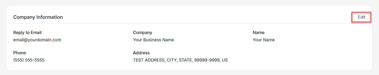 Email Marketing Settings - Company Information, clicking Edit button