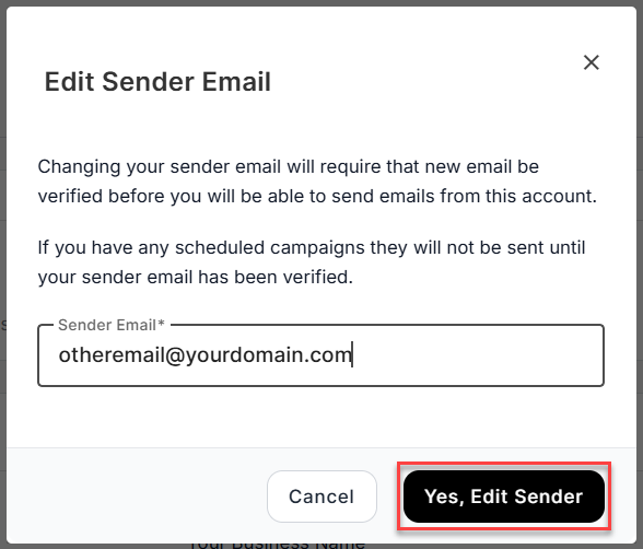 Edit sender email pop-up window, click Yes, Edit Sender button