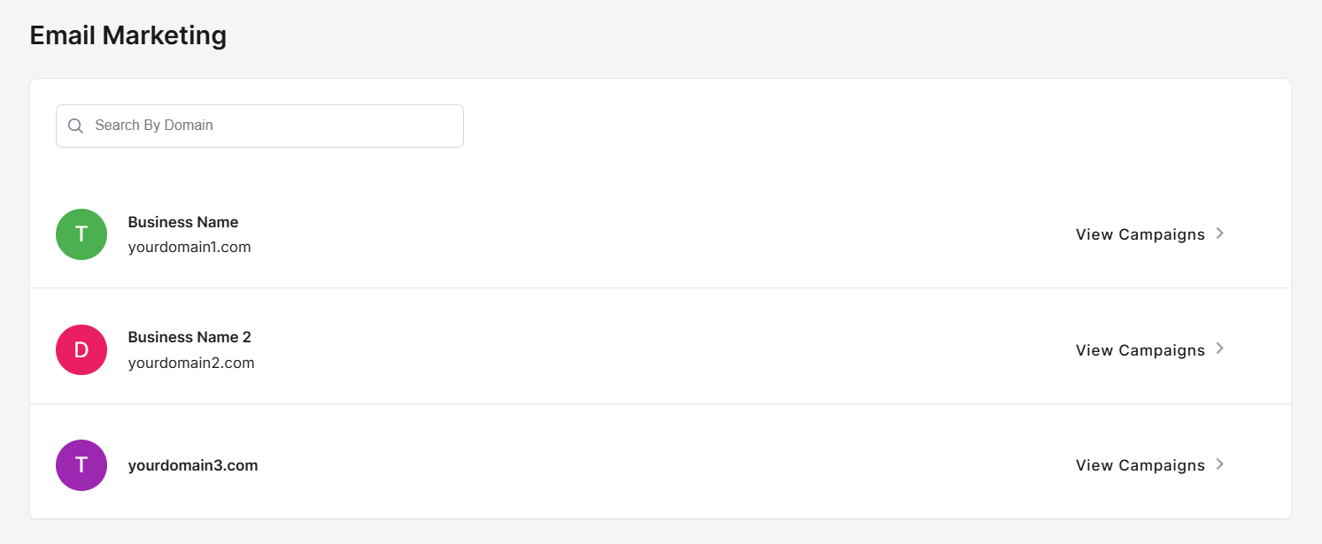 Email Marketing app overview page - showing domains list if an existing customer with domains access the page