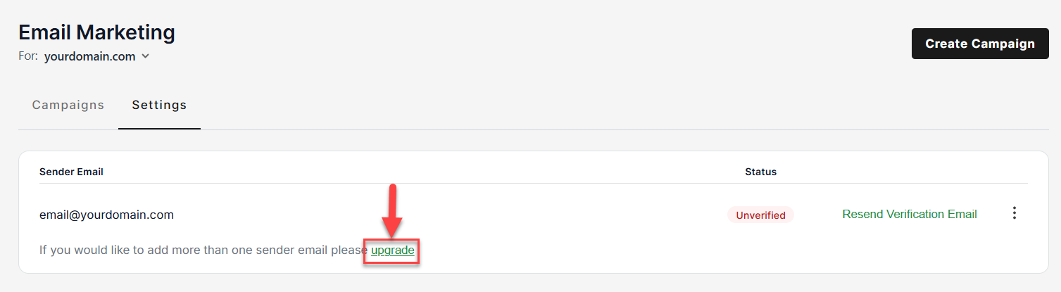 Email Marketing Settings - Upgrade link