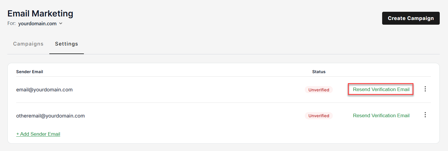 Email Marketing Settings, click Resend Verification Email link