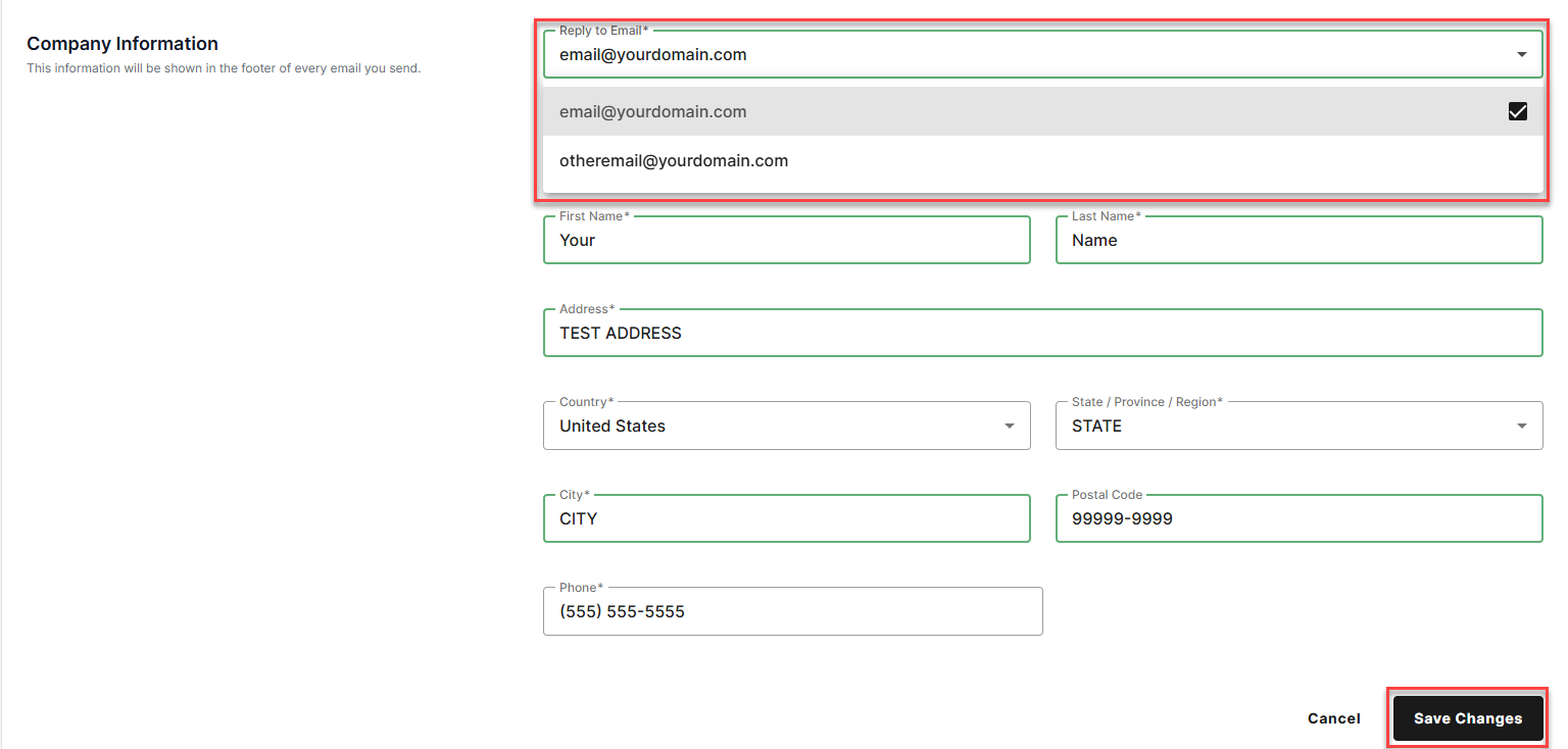 Edit Company Information, selecting reply-to email from the drop-down