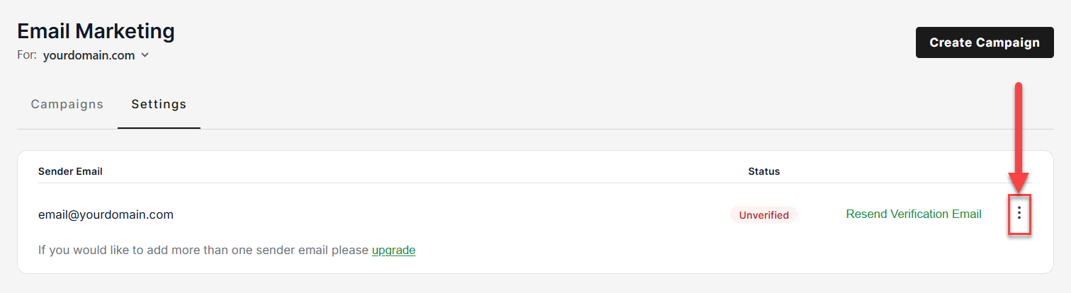 Email Marketing Settings - Click the ellipsis beside the sender email