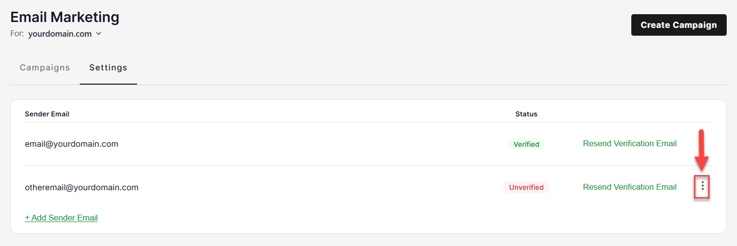 Email Marketing Settings - Click the ellipsis beside the sender email