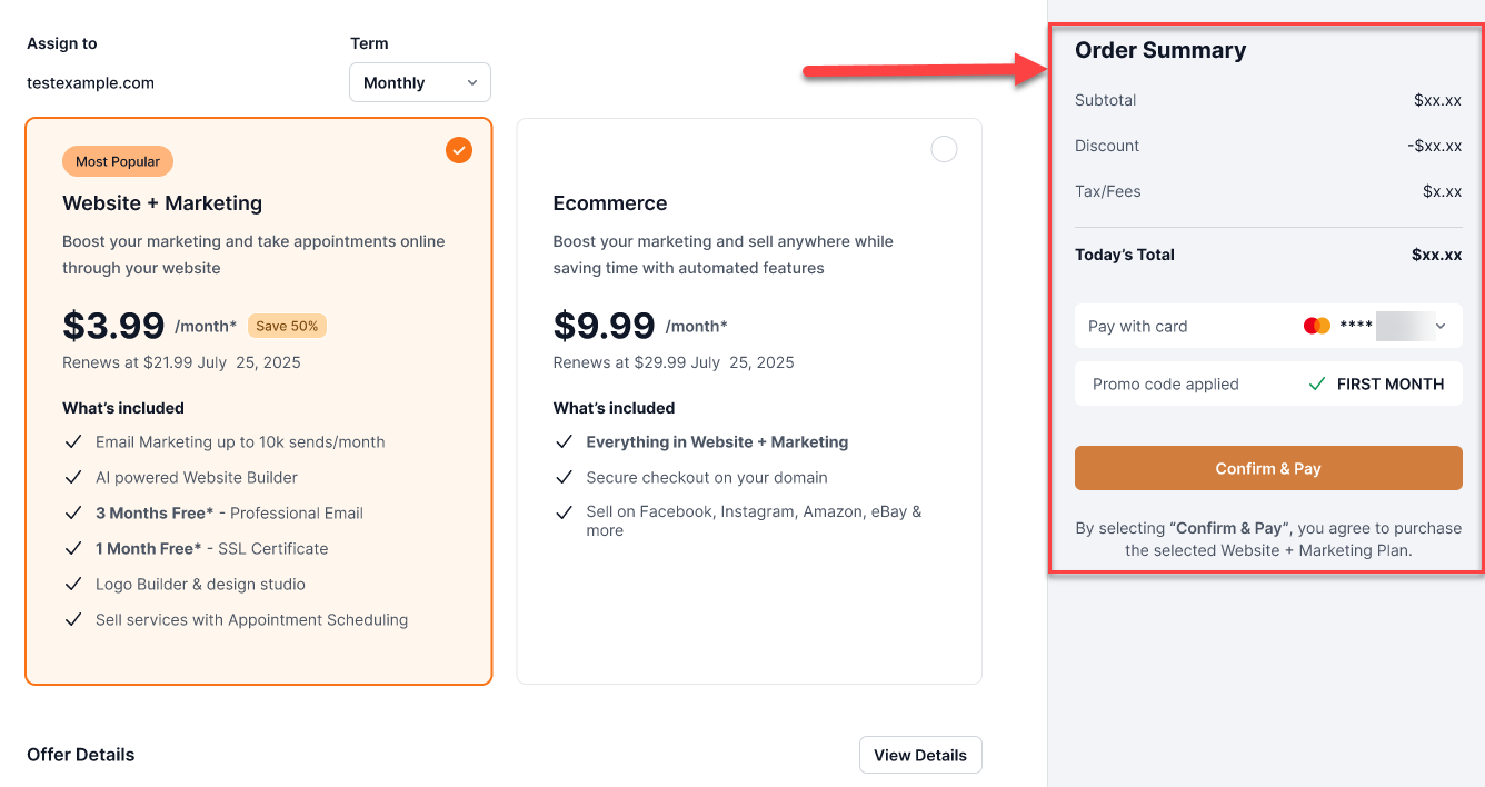 Upgrade pop-up window - Order Summary section