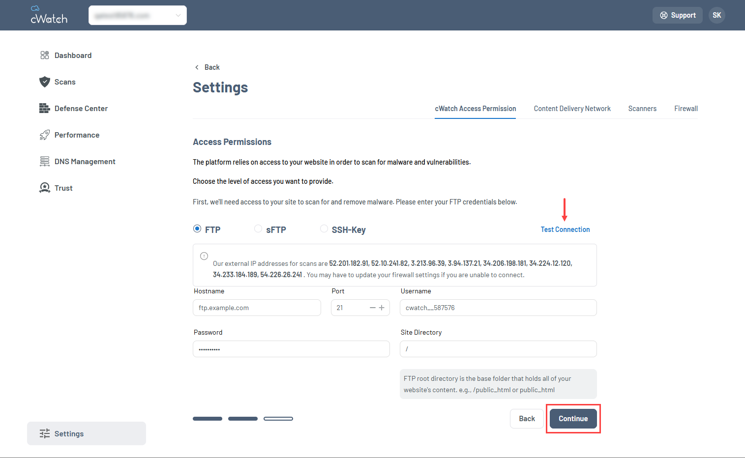 settings test connecttion