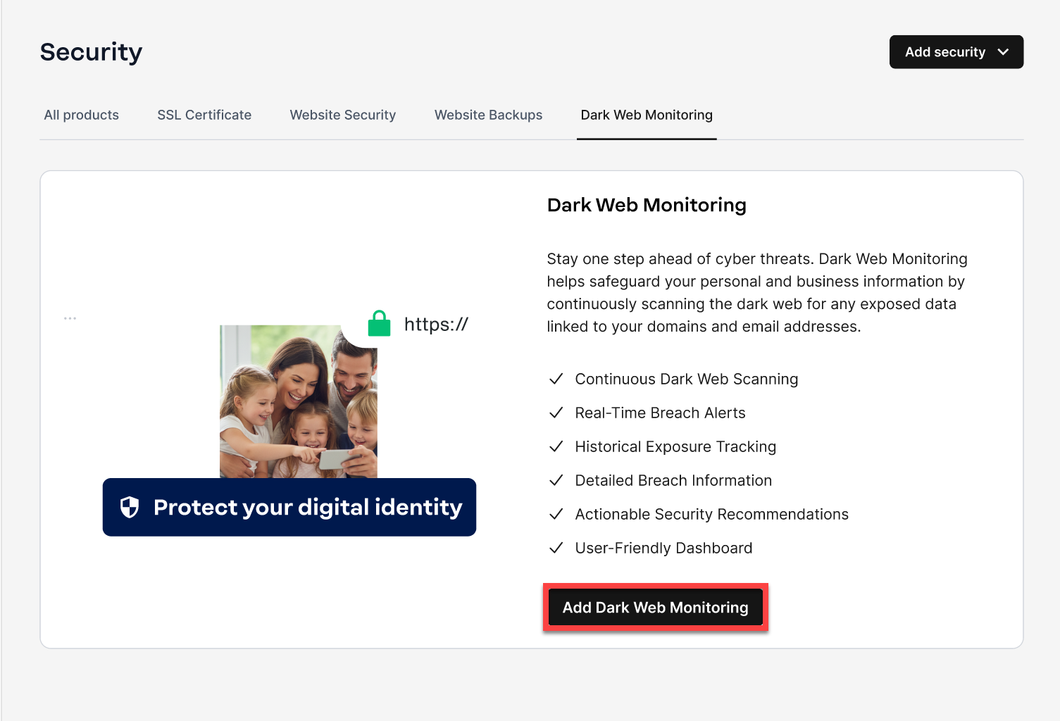 Security page - Dark Web Monitoring tab
