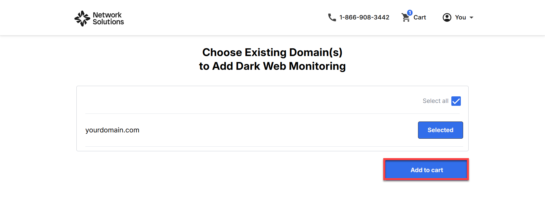 Choose existing domain to add Dark Web Monitoring - Selected, Add to cart