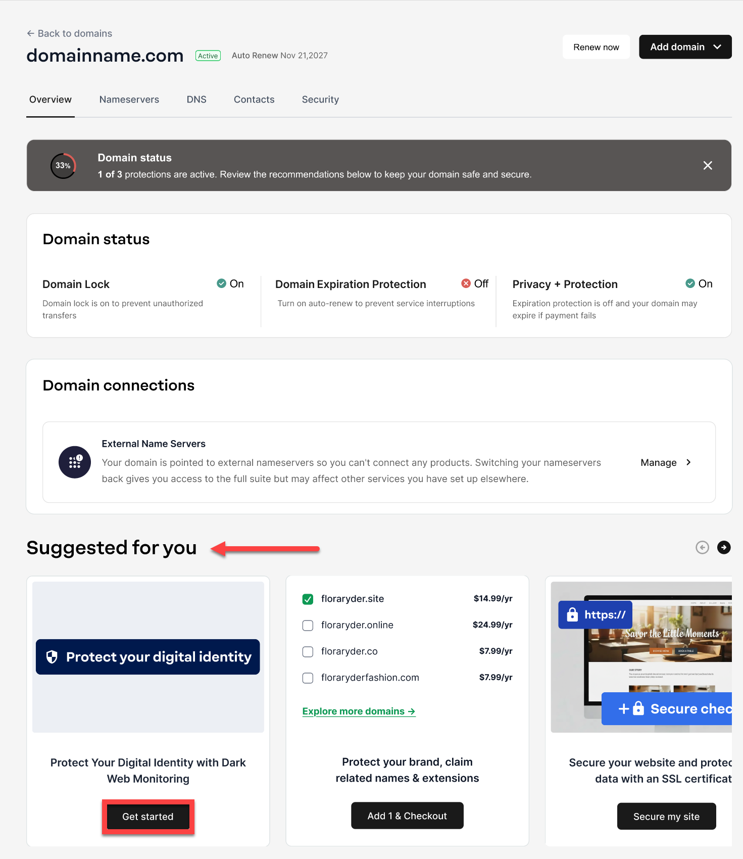 Domain management page - Dark Web Monitoring tile, click Get started