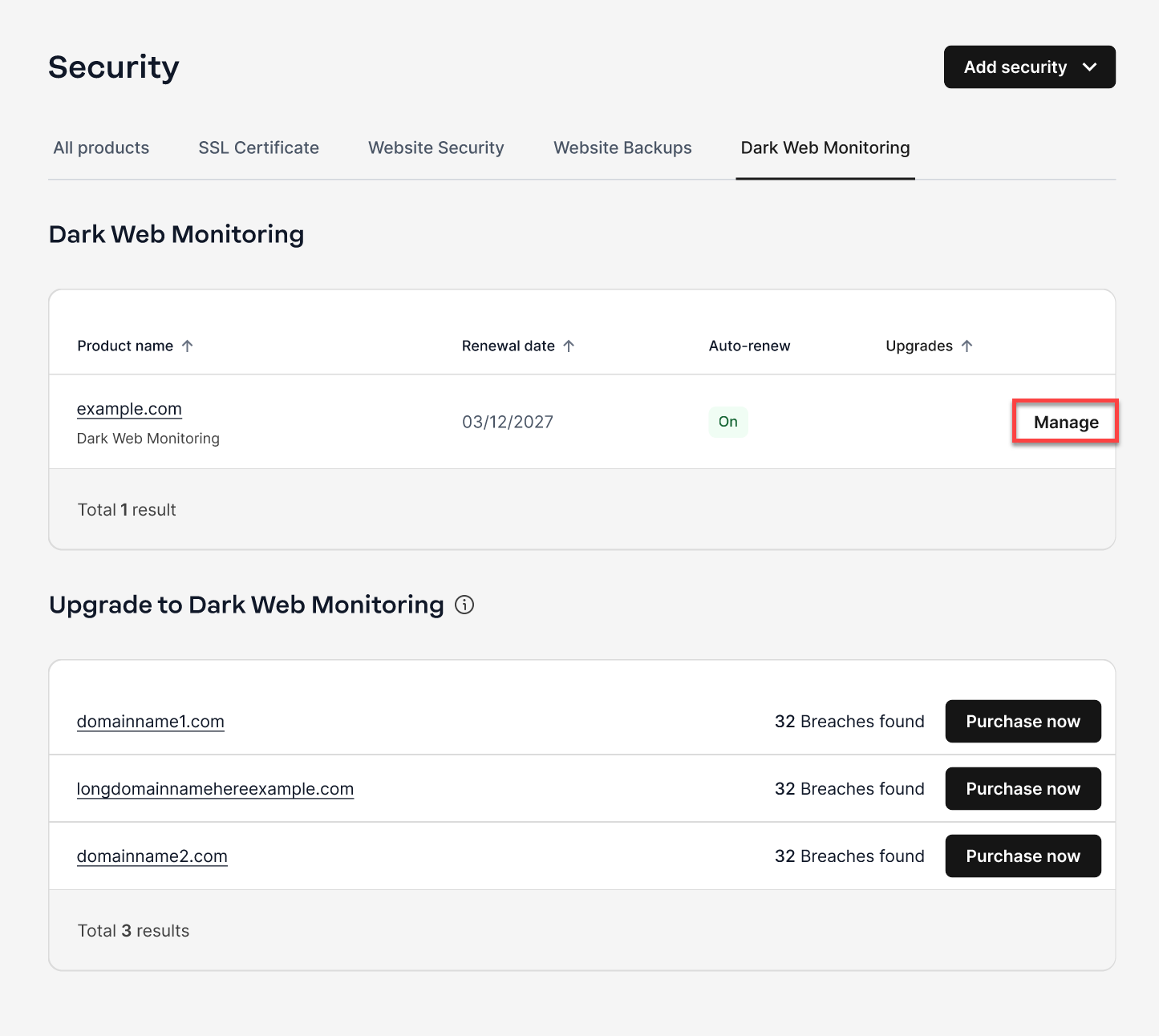 Dark Web Monitoring page - click Manage