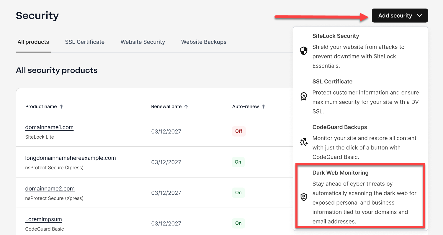 Security page - Add security - Dark Web Monitoring