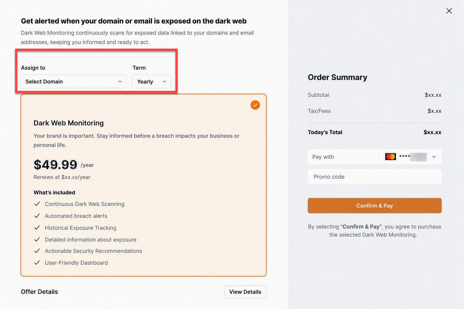 Choose domain and billing term for your Dark Web Monitoring