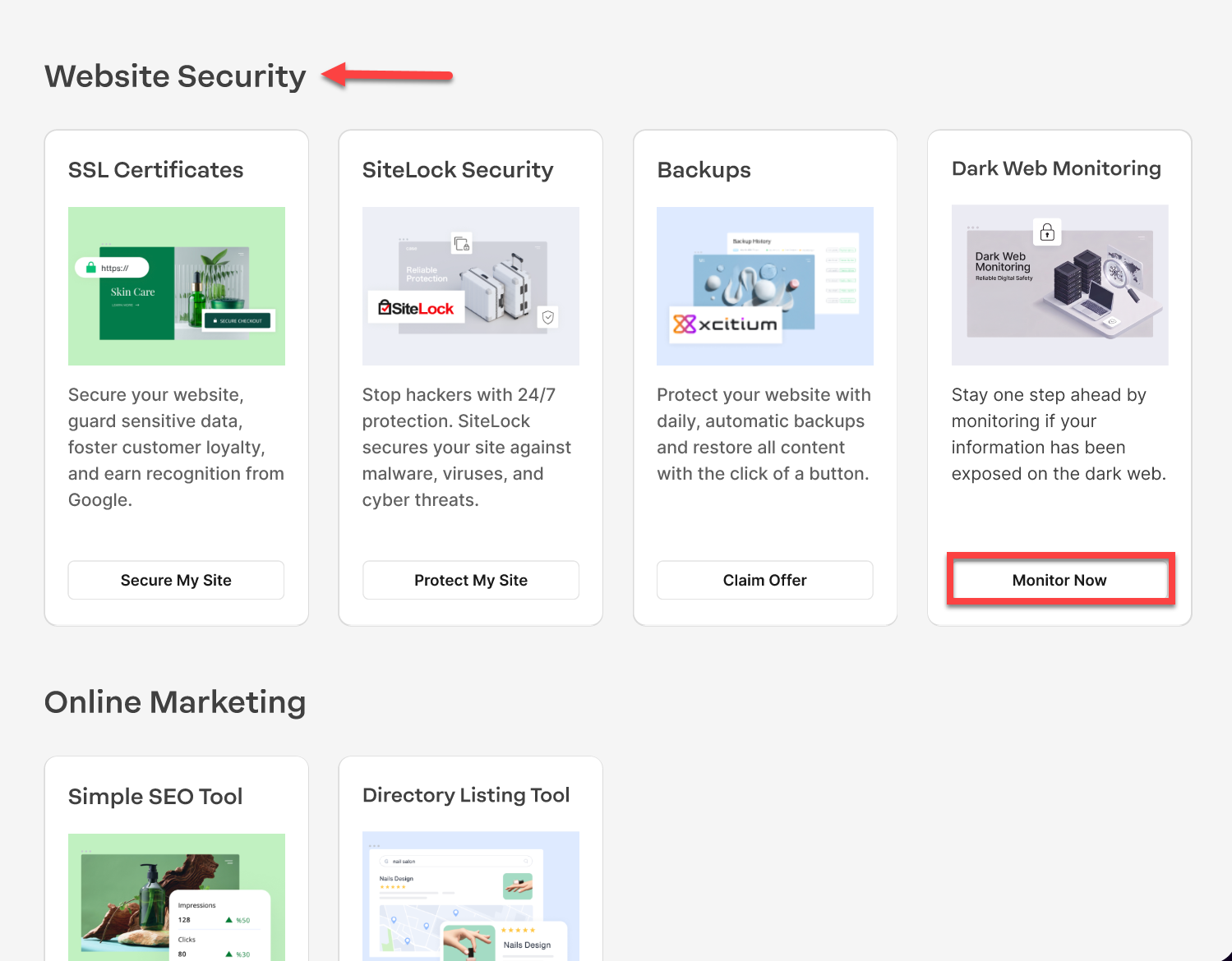 Special offers page - Website Security section click Monitor now
