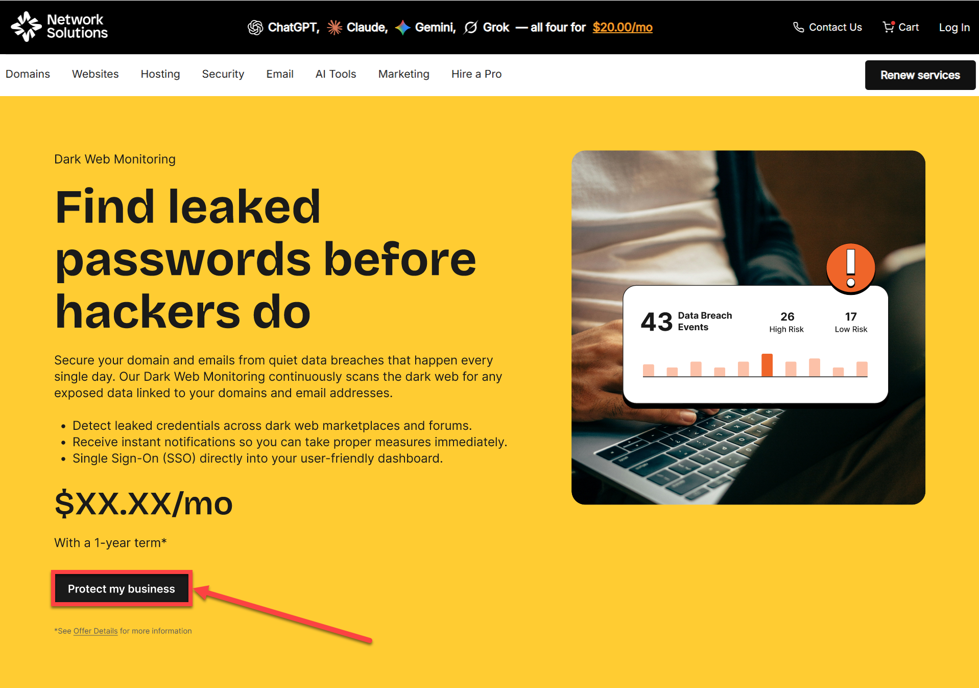 Dark Web Monitoring page - Protect my business