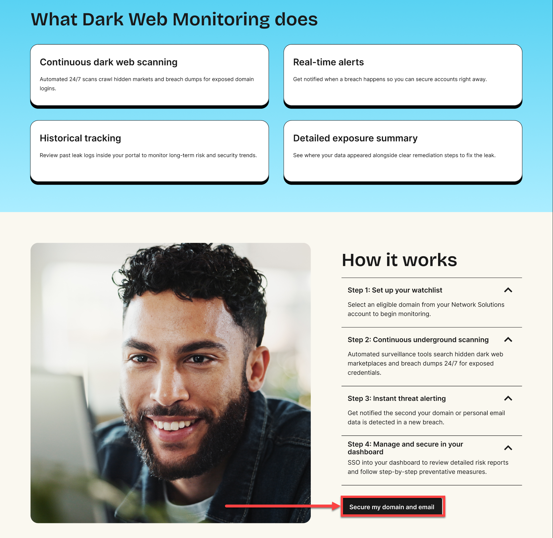 Dark Web Monitoring page - Secure my domain and email