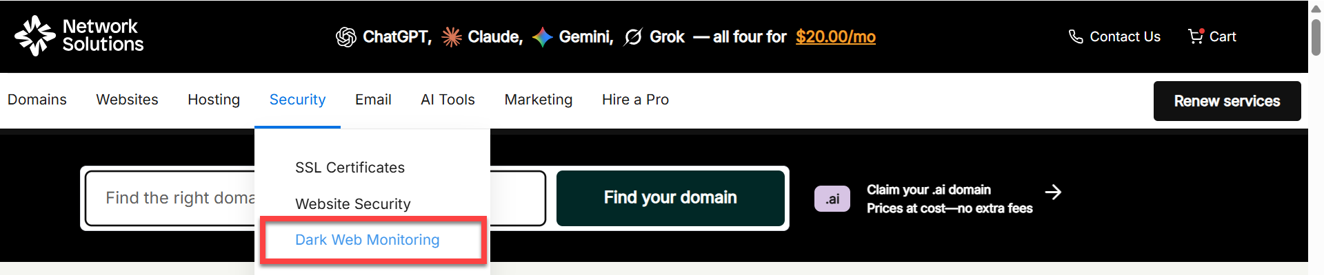 Network Solutions strorefront, Security section - Dark Web Monitoring