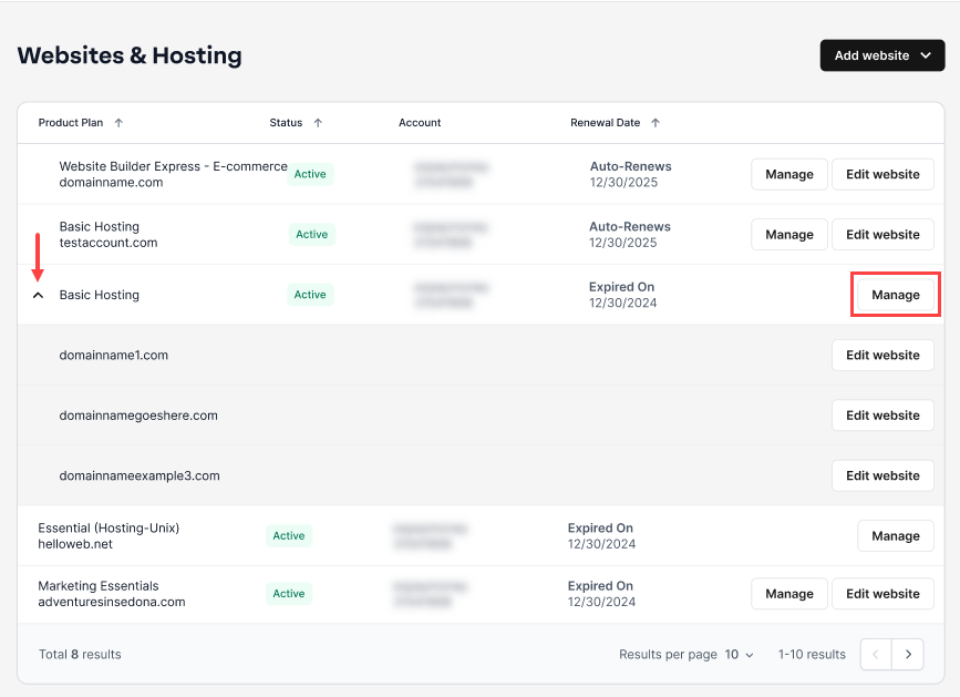 Manage button beside the hosting plan you need to access